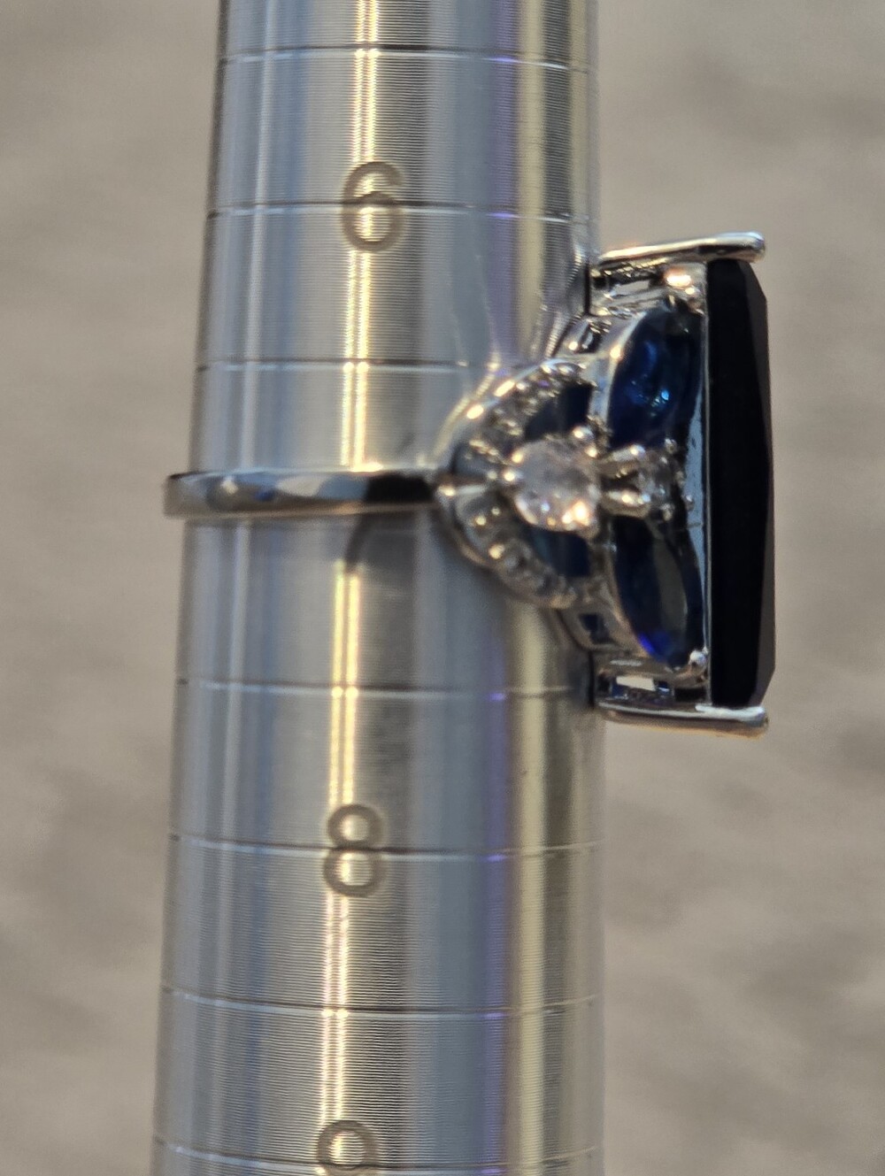 Blue Sapphire Emerald Cut Cocktail Ring Silver Statement Cluster Band - Picture 4 of 4